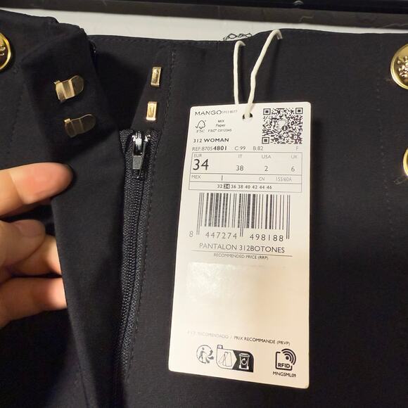 Mango Straight Cropped Trousers with Jewel Buttons, Black, 2 - Picture 3 of 5